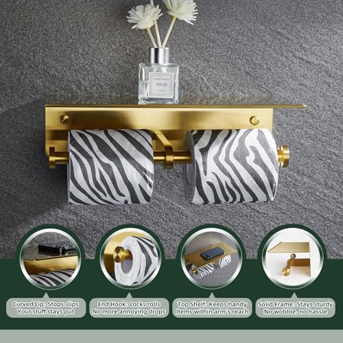 Double Roll Toilet Paper Holder, Brushed Gold, 304 Stainless Steel | Wide Utility Shelf, Phone & Wet Wipe Storage, Modern Bathroom Upgrade, Guest Bath & Family Bathroom Use - color: Brushed Gold, size: Double Rod