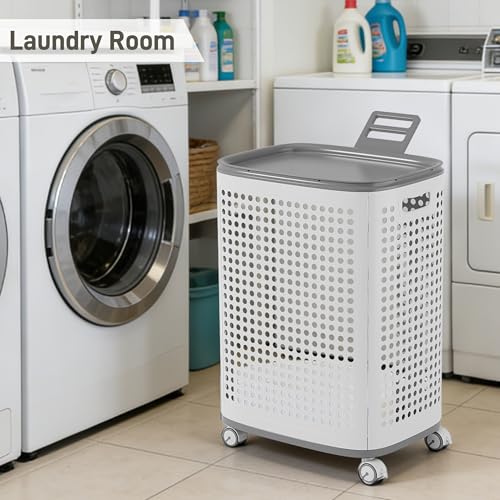 Rolling Plastic Laundry Basket with Lid, Ventilated, White (2-Pack, Medium) | Storage basket. Sturdy & versatile. With wheels & handle. Ideal for laundry room, dorm, bathroom, bedroom, RV, apartment - size: Medium (2-Pack)