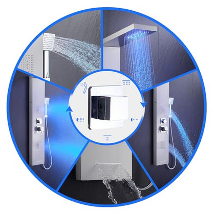 5-in-1 LED Shower Panel Tower System Stainless Steel Brushed Nickel | Rainfall head | 2-in-1 body jets | Handheld shower | Tub spout | LED lights | Wall mount - color: Brushed Nickel