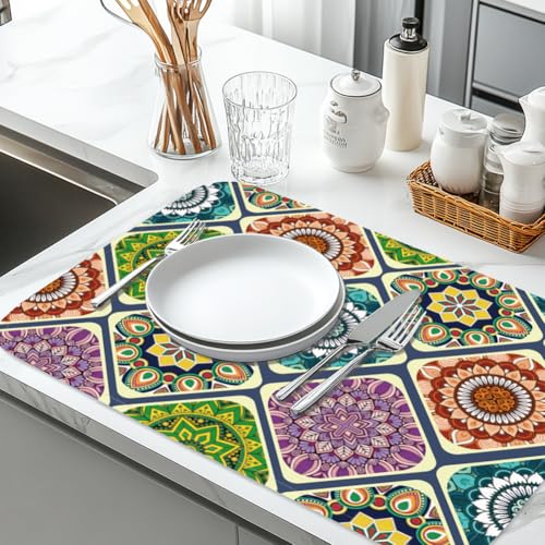 Mandala Dish Drying Mat for Kitchen Counter 18"x24" Mexican Flower Absorbent Dish Draining Mat Retro Floral Large Heat Resistant Coffee Mats for Table Faucet Sink Coffee Bar Refrigerator - style: Mandala pattern