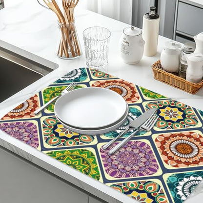 Mandala Dish Drying Mat for Kitchen Counter 18"x24" Mexican Flower Absorbent Dish Draining Mat Retro Floral Large Heat Resistant Coffee Mats for Table Faucet Sink Coffee Bar Refrigerator - style: Mandala pattern
