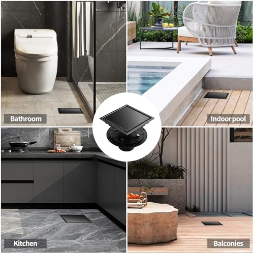 Hidden Brushed Square Shower Floor Drain, Black 6 inch, 304 Stainless Steel, with Flange, Detachable Cover Embedded in Ceramic Tiles - color: Hidden Black, size: 6 inch
