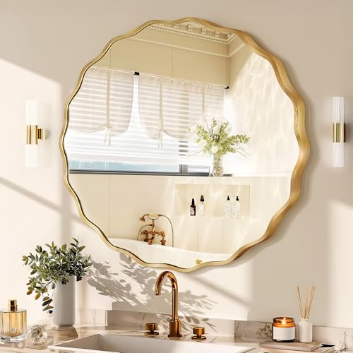 Gold Round Mirror for Wall, 24"x24" Decorative Wavy Bathroom Mirror with Brushed Alloy Steel Frame & Shatter-Proof Glass, Hanging Circle Wall Mirrors for Bathroom, Entryway (Gold, Small) - color: Gold, size: Small