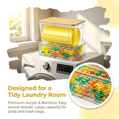 Trash Bag Dispenser Under Sink Organizer, Plastic Garbage Bag Holder with Bamboo Lid, Stackable Container for Dishwasher Pods & Laundry Pods, Kitchen Cabinet Pantry Laundry Room Organization Storage.