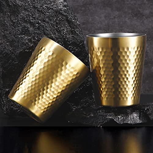 Stainless Steel Cups 2 Packs 10oz/300ml Stackable Double Wall Insulated Metal Shatterproof Cups Titanium-Plated Diamond Textured Surface Heat Resistant Dishwasher Safe (Golden) - color: Golden - 2 Packs