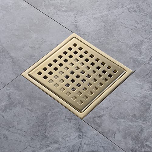 Brushed Gold Shower Drain Square，6 Inch SUS 304 Stainless Steel Removable Grid Strainer Cover,with Adjustable Drain Flange Kit Base PVC,Brass Finish