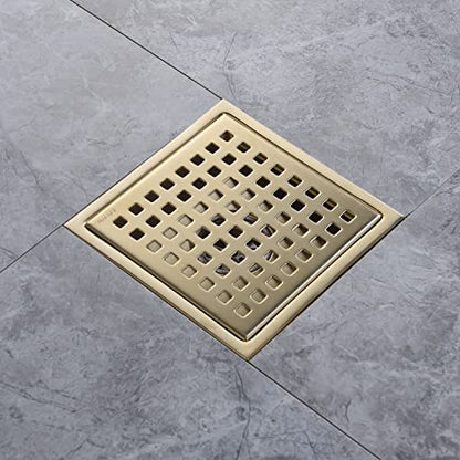 Brushed Gold Shower Drain Square，6 Inch SUS 304 Stainless Steel Removable Grid Strainer Cover,with Adjustable Drain Flange Kit Base PVC,Brass Finish