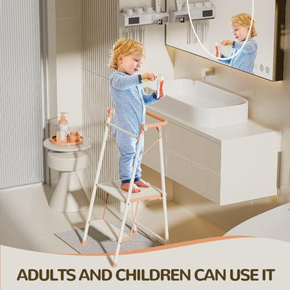 Foldable Toddler Tower, 2-in-1 Alloy Steel Kids Kitchen Step Stool & Adult 2-Step Ladder, Folding Kitchen Tower with Removable Safety Rail, Anti-Slip Steps for Kitchen & Bathroom - color: Peach Fuzz & White