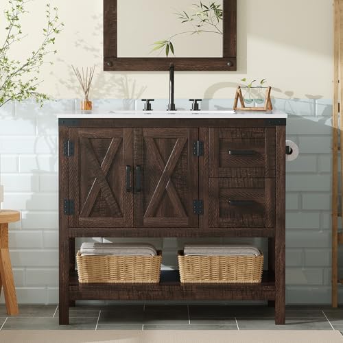 AMERLIFE 36" Brown Farmhouse Bathroom Vanity with Sink and 2 Drawers | Rustic Brown, Single Solid White Integrated Top, Moisture-Resistant MDF, 2 X-Panel Doors, 2 Drawers, Open Shelf, Towel Holder - color: Rustic Brown, size: 36”