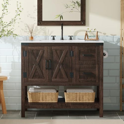 AMERLIFE 36" Brown Farmhouse Bathroom Vanity with Sink and 2 Drawers | Rustic Brown, Single Solid White Integrated Top, Moisture-Resistant MDF, 2 X-Panel Doors, 2 Drawers, Open Shelf, Towel Holder - color: Rustic Brown, size: 36”