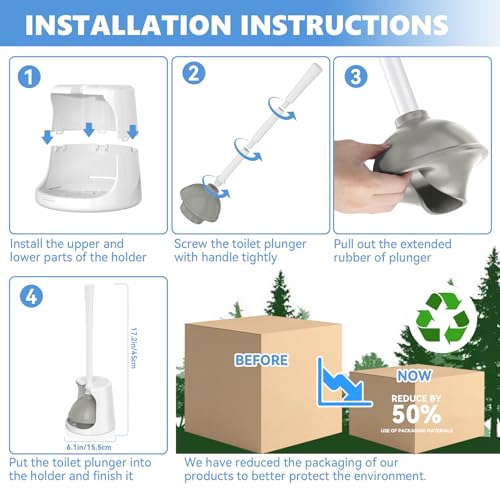 LOVLOY Toilet Plunger with Holder, 2 Pack Plungers for Bathroom Heavy Duty for 5.3-inch Toilet Drain, Toilet Plunger and Holder Combo for Bathroom Cleaning(White)