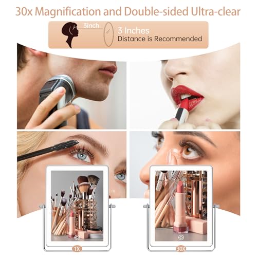 FASCINATE 8.7" 4500mAh Rechargeable Wall Mounted Makeup Mirror (Chrome) | Double Sided 1X 30X Rectangle Wall Mounted Magnifying Mirror with Light, 3 Color Setting, Extended Arm 360° Foldable - color: Chrome a