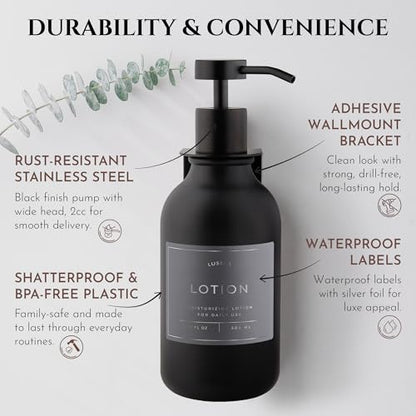Shower Shampoo Dispenser Wall Mounted – 3 Refillable 16.9 oz Black Bottles with Stainless Steel Pumps & No-Drill Adhesive Holders – Soap Dispenser Set for Bathroom (3 X Black) - color: 3 X Black