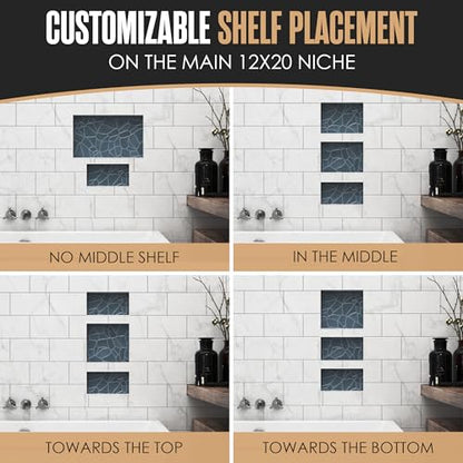 Shower Niche Recessed Bathroom Storage Inset Shelves Soap Box 12x20 + 12x6 | Houseables Shower Niche Insert Tile Ready, in Wall Shelf, Cubby Inserts, Recessed Shampoo Caddy, Built in Nook, Prefab - size: 12 x 6 inches (ID) & 12 x 20 inches (ID)