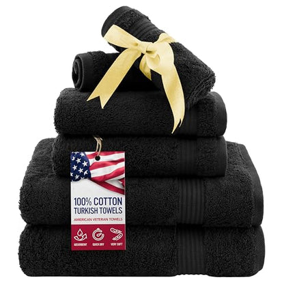 American Veteran Towel, 6 Piece Towel Set for Bathroom, 100% Cotton Turkish Bathroom Towels, 2 Bath Towels 2 Hand Towels 2 Washcloths, Black - color: Black, size: X Large 6 PC