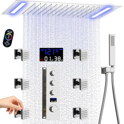 AYIVG Ceiling Mount 20x14 Inch Rainfall Shower System With 6 On Off Body Jets 3 Way Diverter Shower Faucet And Handheld Shower Heads Temperature Display Set (Chrome) - color: Chrome