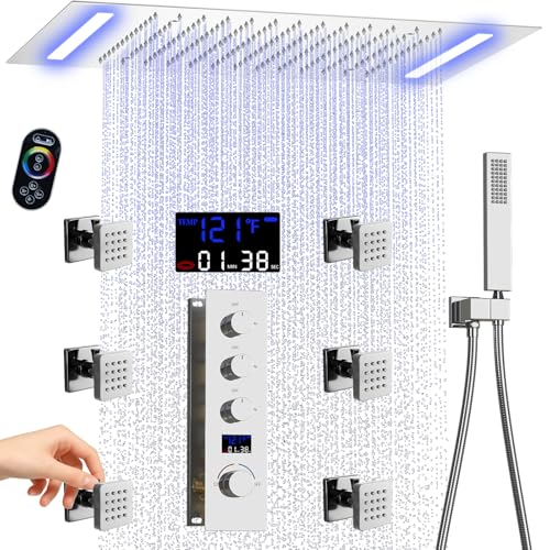 AYIVG Ceiling Mount 20x14 Inch Rainfall Shower System With 6 On Off Body Jets 3 Way Diverter Shower Faucet And Handheld Shower Heads Temperature Display Set (Chrome) - color: Chrome