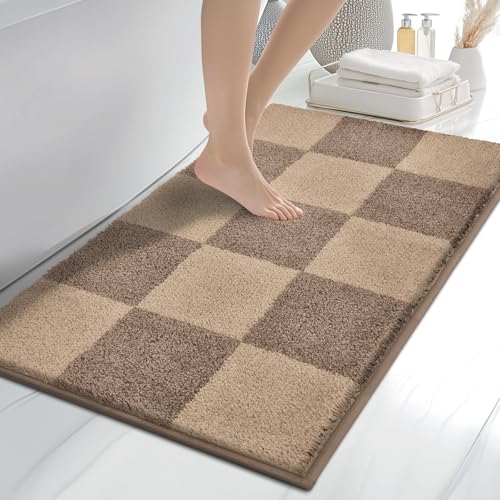Bathroom Rugs, 24" x 36" Soft Bath Rugs, Checkered Grayish Brown & Coffee | Non-Slip, Super Absorbent, Machine Washable, Quick Dry, Bath Mats for Shower and Bathtub, TPR Backing - color: Checkered-grayish Brown & Coffee, size: 24" X 36"