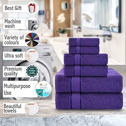 CRAFTBERRY- 6 Piece Cotton Bath Towel Set- 2 Bath - 2 Hand - 2 Face, Purple | 100% Cotton • Thick & Plush • Hotel Quality • Ultra Soft • Highly Absorbent • Quick Dry • Low Lint • Machine Washable - color: Purple