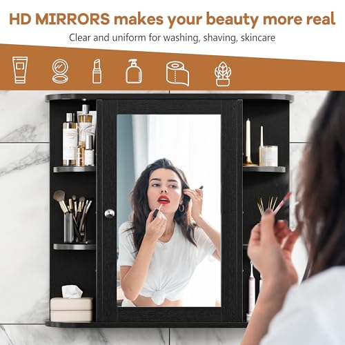 Bathroom Mirror Cabinet Wall Mounted, Bathroom Medicine Cabinet with Mirror and 6 Open Shelves, Modern Wall Cabinet, Black - color: Black