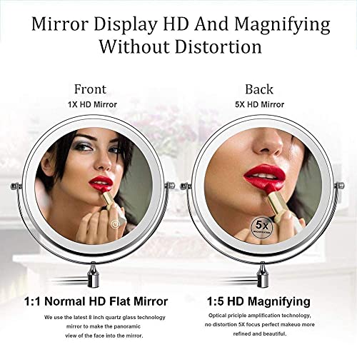8'' Wall Mounted Makeup Mirror Black USB Rechargeable Double Sided with 3 Tones LED Lights 1x/5x Magnifying Bathroom Mirror for Shaving Extendable Arm Touch Control1X/5X