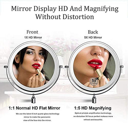 8'' Wall Mounted Makeup Mirror Black USB Rechargeable Double Sided with 3 Tones LED Lights 1x/5x Magnifying Bathroom Mirror for Shaving Extendable Arm Touch Control1X/5X