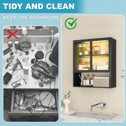 Metal Medicine Cabinet with Glass Doors, Space Saver Bathroom Cabinets Wall Mount with 2 Sense Lights, 23.6"W x 27.6"H Restroom Closet, 3-Tier Wall Cabinet for Bathroom Laundry Room Kitchen - color: Black, style: Classic