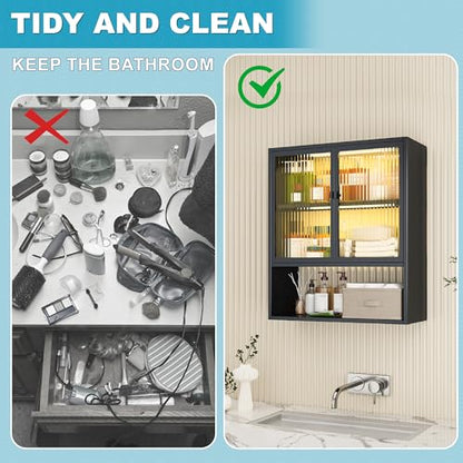 Metal Medicine Cabinet with Glass Doors, Space Saver Bathroom Cabinets Wall Mount with 2 Sense Lights, 23.6"W x 27.6"H Restroom Closet, 3-Tier Wall Cabinet for Bathroom Laundry Room Kitchen - color: Black, style: Classic