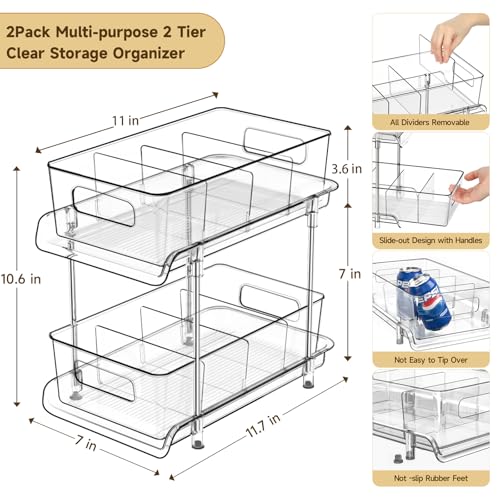 HIHEGD 2-Tier Bathroom Organizer with Dividers, Clear Under Sink and Pull-Out Cabinet Organizer for Kitchen and Pantry Storage