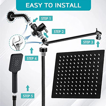 Shower Head Combo,8 Inch High Pressure Rain Shower Head with 9 Inch Adjustable Extension Arm and 3 Settings Handheld,Powerful Shower Spray Against Low Pressure Water with Long 78 Inch Hose(Black) - color: Black, size: 8'' Showerhead Set