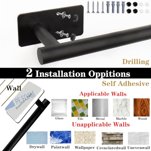 5 PCS Self Adhesive Bathroom Hardware Set, Stainless Steel Towel Rack Set Include 16In Bath Towel Bar+Toilet Paper Holder+3 Towel/Robe Hooks No Drill Bathroom Accessory Kit(Matte Black) - color: Matte Black, size: 16 In-5 Pcs