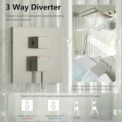 Esnbia Shower System with Tub Spout, Wall Mounted Bathtub Shower Faucet Set, 10 Inch Rain Shower Head and Handheld Shower Head Set, High Pressure Tub Shower Kit with Shower Valve, Brushed Nickel - color: Brushed Nickel
