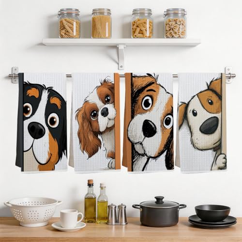 4 Pcs Funny Dog Kitchen Towels, Cute Dogs Gifts Decorative Dish Towels - color: Multi0232