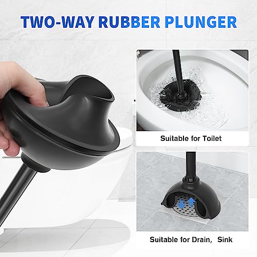 LOVLOY Toilet Plunger and Brush, Silicone Bowl Brush and Heavy Duty Toilet Plunger Set with Ventilated Holder, 2-in-1 Toilet Brush and Plunger Combo for 5.3-inch Toilet Drain Bathroom Cleaning - color: Black