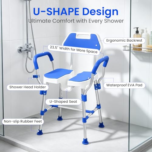 U Shaped Shower Chair for Inside Shower with Arms & Back Heavy Duty Shower Bench for Elderly & Disabled Height Adjustable Bath Seat Non-Slip Feet Shower Stool (Blue) - color: Blue