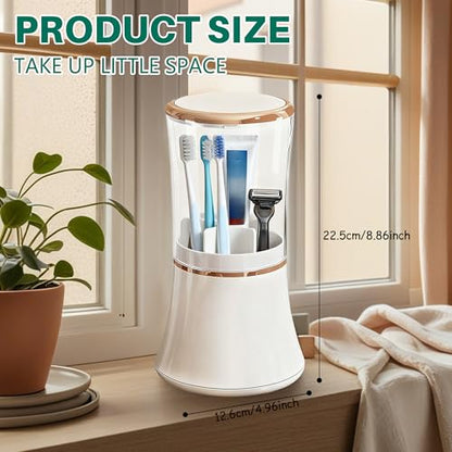 Makeup Brush Holder with Lid Cosmetic Tools Organizer 360 Rotating Waterproof Dustproof Make Up Brushes Storage for Vanity Bathroom Countertop - color: White slender