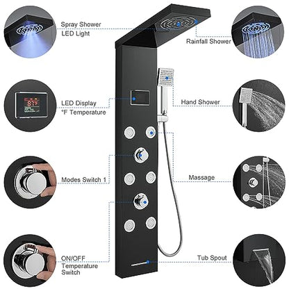 LED Rainfall Shower Tower System, Stainless Steel Hydroelectric Shower Panel Tower System (No battery need) with 6 Pcs Body Jets, Black - color: Black - 6 Body Jets