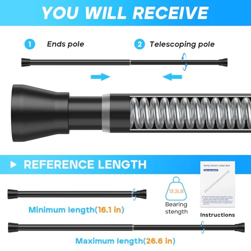 Small Tension Rod Black Spring Curtain Rod No Drilling Spring Tension Rods 1pack Adjustable Curtain Rod Tension for Bookshelf Diy Projects Kitchen, Cupboard,Tension Rod 16 to 26 Inch - color: Black, size: 16-26 inch 1pcs