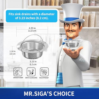 MR.SIGA Kitchen Sink Strainer, Stainless Steel Sink Drain Strainer, 2 Pack | Dishwasher safe sink strainer, outer diameter 4.33 inch/11 cm, inner diameter 3.23 inch/8.2cm