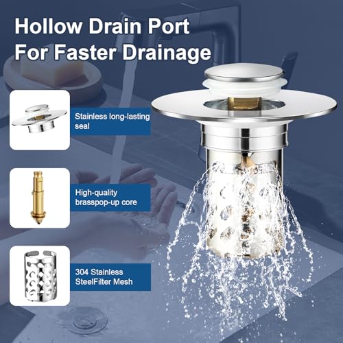 2 Pcs Bathroom Sink Drain Strainer, Universal Pop Up Stopper with Removable Stainless Steel Hair Catcher Basket