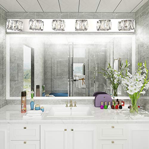 Aipsun 6 Lights 41in Crystal Vanity Lights Over Mirror Long Bathroom Lighting Fixture Modern LED Vanity Light for Bathroom,White Light 6000K - size: 6 light