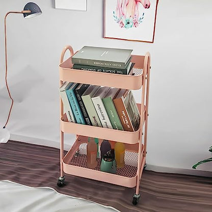 Utility Cart, 3-Tier Rolling Slim Storage Cart with Wheels, Metal, Pink - color: Pink