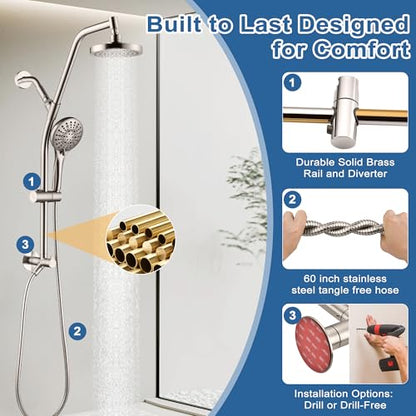 BRIGHT SHOWERS Rain Shower Head with Handheld Combo, Dual Shower System with Slide Bar, Rain Shower System, Adjustable Height, Brass Slide Bar & Diverter, 60 Inch Stainless Steel Hose, Brushed Nickel - color: Brushed Nickel