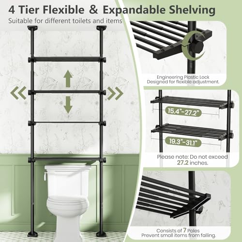 Bonpally Over The Toilet Storage Shelf, 4-Tier Adjustable Bathroom Organizer, No Drill Tension Mounted Shelves, Space-Saving Bathroom Cabinet Rack Above Toilet for Small Rooms, Black - color: Black