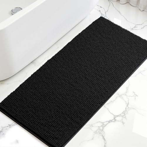 SUBRTEX Bathroom Rugs, 24" x 55" Chenille Bath Rug Soft Short Plush Bath Mat Soft Shower Mat Water Absorbent Shower Mat Quick Dry Machine Washable, Black - color: Black, size: 24" x 55" (Runner)
