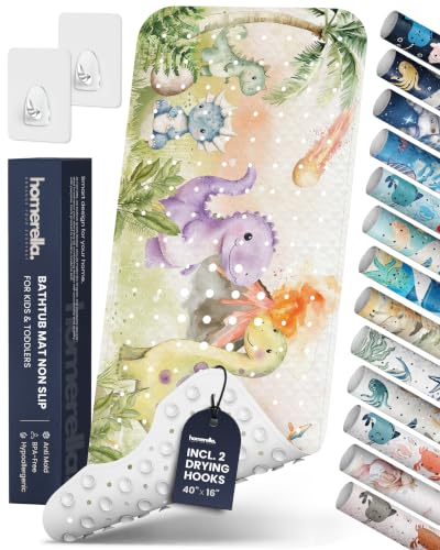 homerella Bathtub Mat Non Slip Kids 40x16 Baby Bath Mat Non Slip Anti Mold | 100% BPA Free, Non Toxic, Mildew Resistant, Machine Washable, Extra Long Kids Bath Mat for Tub Non Slip, Toddler Bath Mat - color: Dino Splash, size: 40" x 16" (Rectangular)