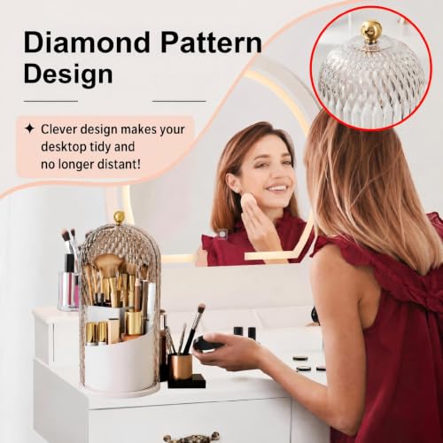 Makeup Brush Holder with Lid,360 Rotating Makeup Organizer | Makeup Brush Organizer with Diamond Pattern,Waterproof,Dustproof,Easy-Clean for Desk,Bathroom Countertop,Vanity,Travel,White