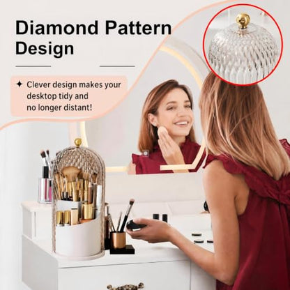 Makeup Brush Holder with Lid,360 Rotating Makeup Organizer | Makeup Brush Organizer with Diamond Pattern,Waterproof,Dustproof,Easy-Clean for Desk,Bathroom Countertop,Vanity,Travel,White