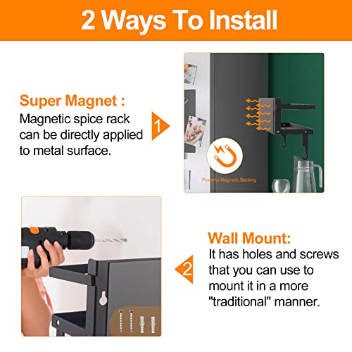 Spice Rack Magnetic Shelf, Foldable Refrigerator Magnetic Spice Holder, Wall Mounted Seasoning Organizer Hanging Spice Storage Stand with Paper Towel Holder Roll & Hooks - color: Black