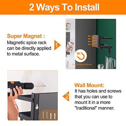 Spice Rack Magnetic Shelf, Foldable Refrigerator Magnetic Spice Holder, Wall Mounted Seasoning Organizer Hanging Spice Storage Stand with Paper Towel Holder Roll & Hooks - color: Black
